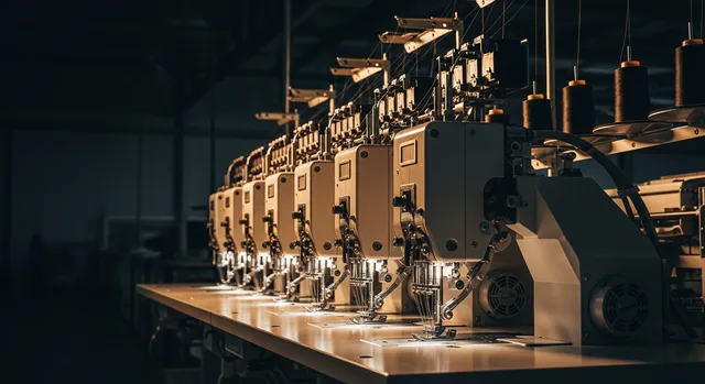 Una nave industrial oscura con estaciones de costura de confección programables de acero cepillado cosiendo tela a velocidad