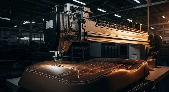 Una máquina de coser industrial de brazo largo de servicio pesado cosiendo una funda de asiento automotriz de cuero en una planta oscura
