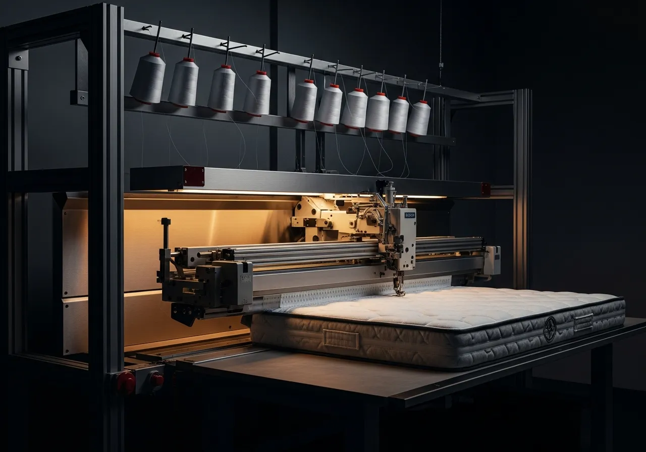 Representative apparel machinery for the material handling category, brushed steel in a dark shop
