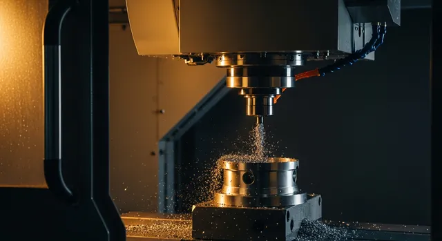Un centro de mecanizado CNC de precisión cortando un componente de acero cepillado con finas virutas metálicas volando en un taller oscuro